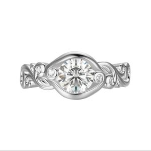 Elegant Bezel Set Round Moissanite Engagement Ring size 9 -silver NWT